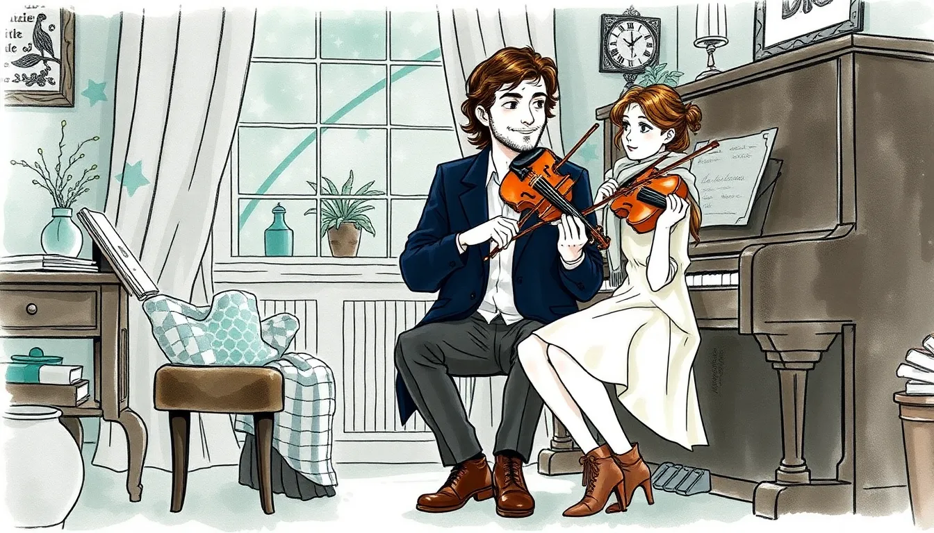 La Mélodie des Cieux : Une romance entre musiciens inspirée par les étoiles 8 Gabriel et Isabelle jouant ensemble dans le salon, étoiles visibles à travers la fenêtre