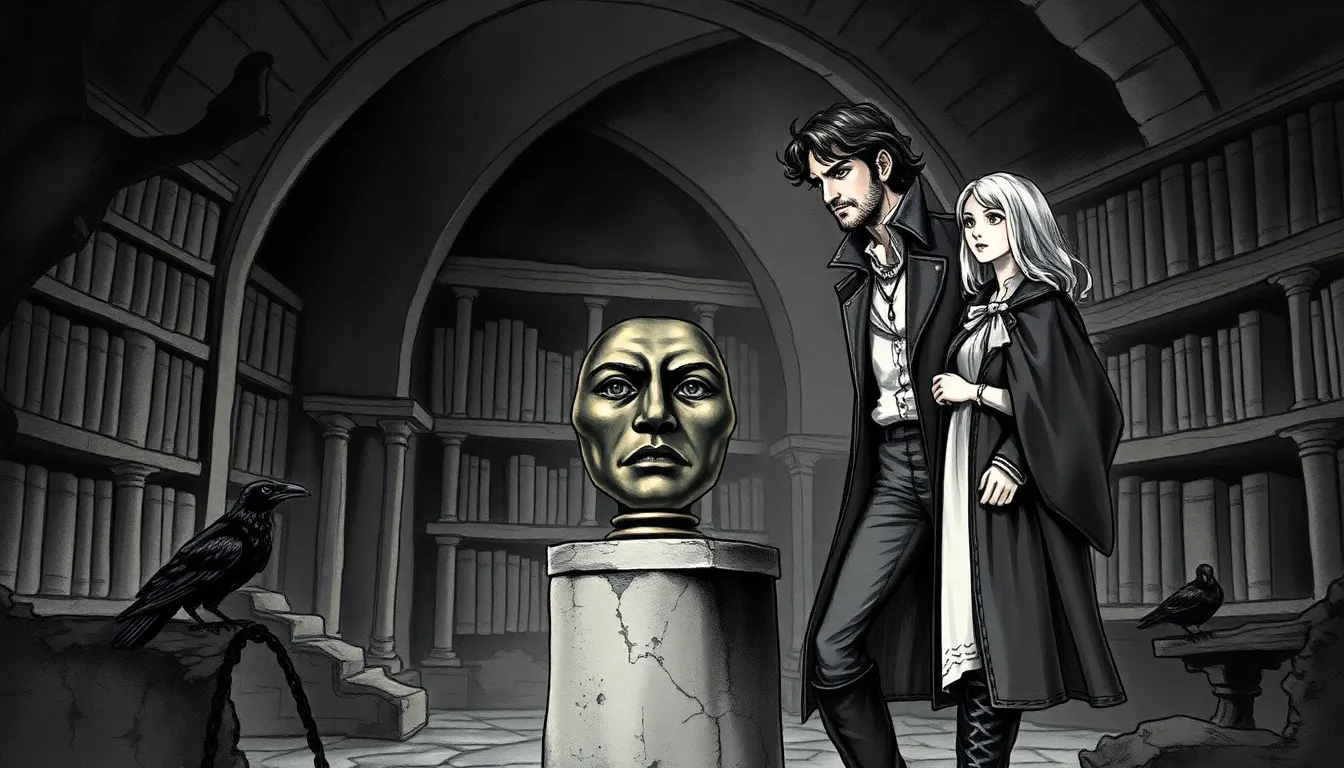 Illustration du masque d'immortalité trouvé dans une crypte sous une bibliothèque ancienne