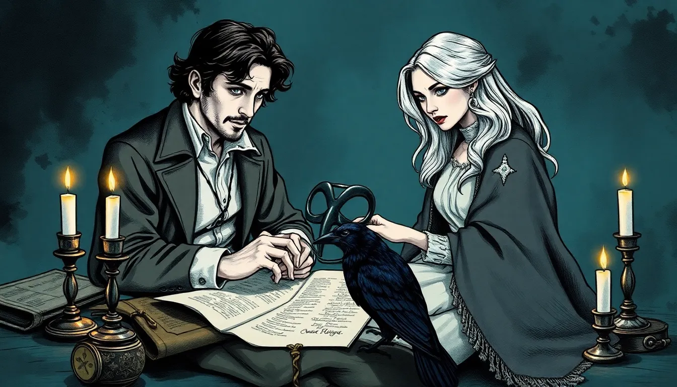 Alexandre et Elena étudiant des parchemins à la lueur des bougies, le masque posé entre eux