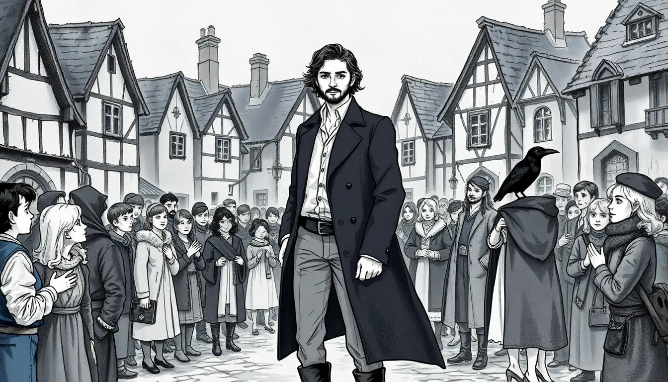 Illustration d'Alexandre Morel au milieu d'un village, entouré d'habitants, Elena à l'écart, le corbeau perché sur son sac.