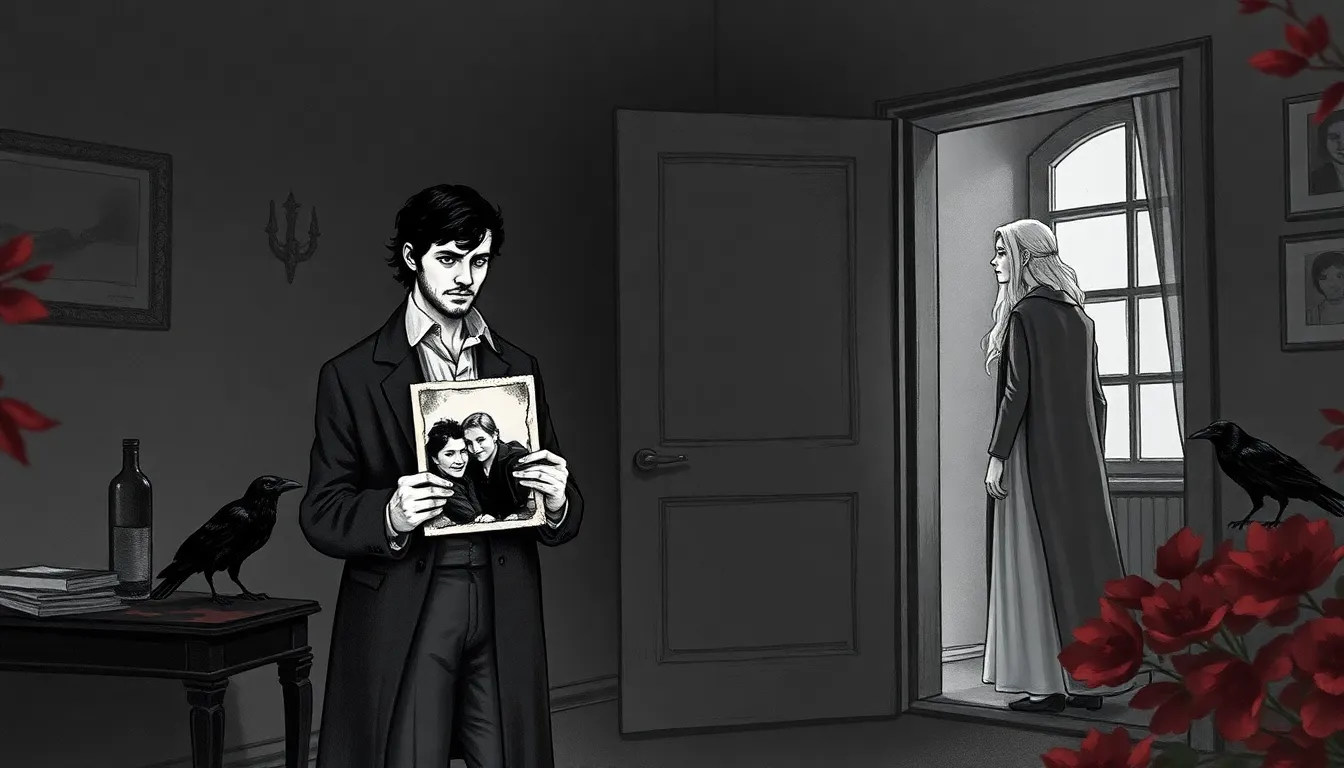 Alexandre tenant une photographie fanée, Elena au seuil, corbeau sur le rebord de la fenêtre