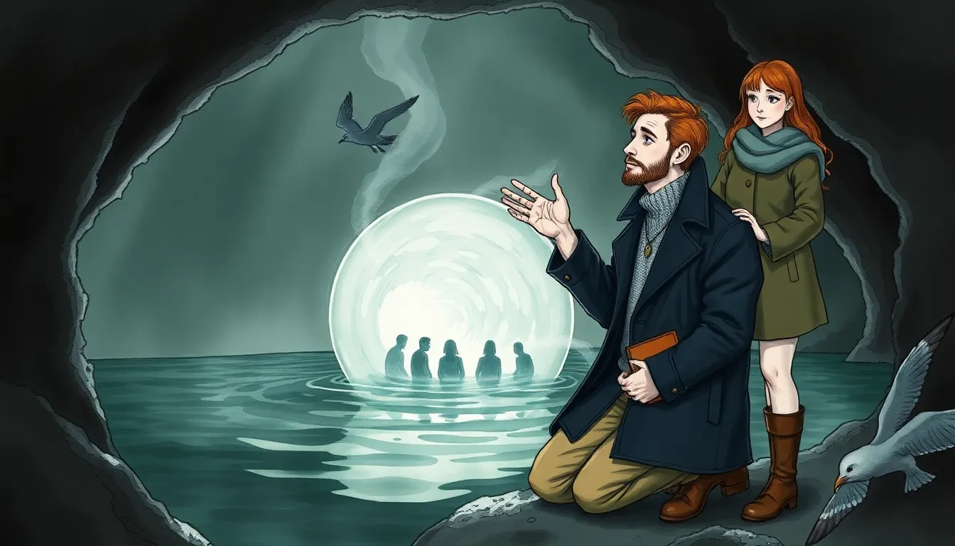 Illustration de la grotte et de la perle géante émettant des visions