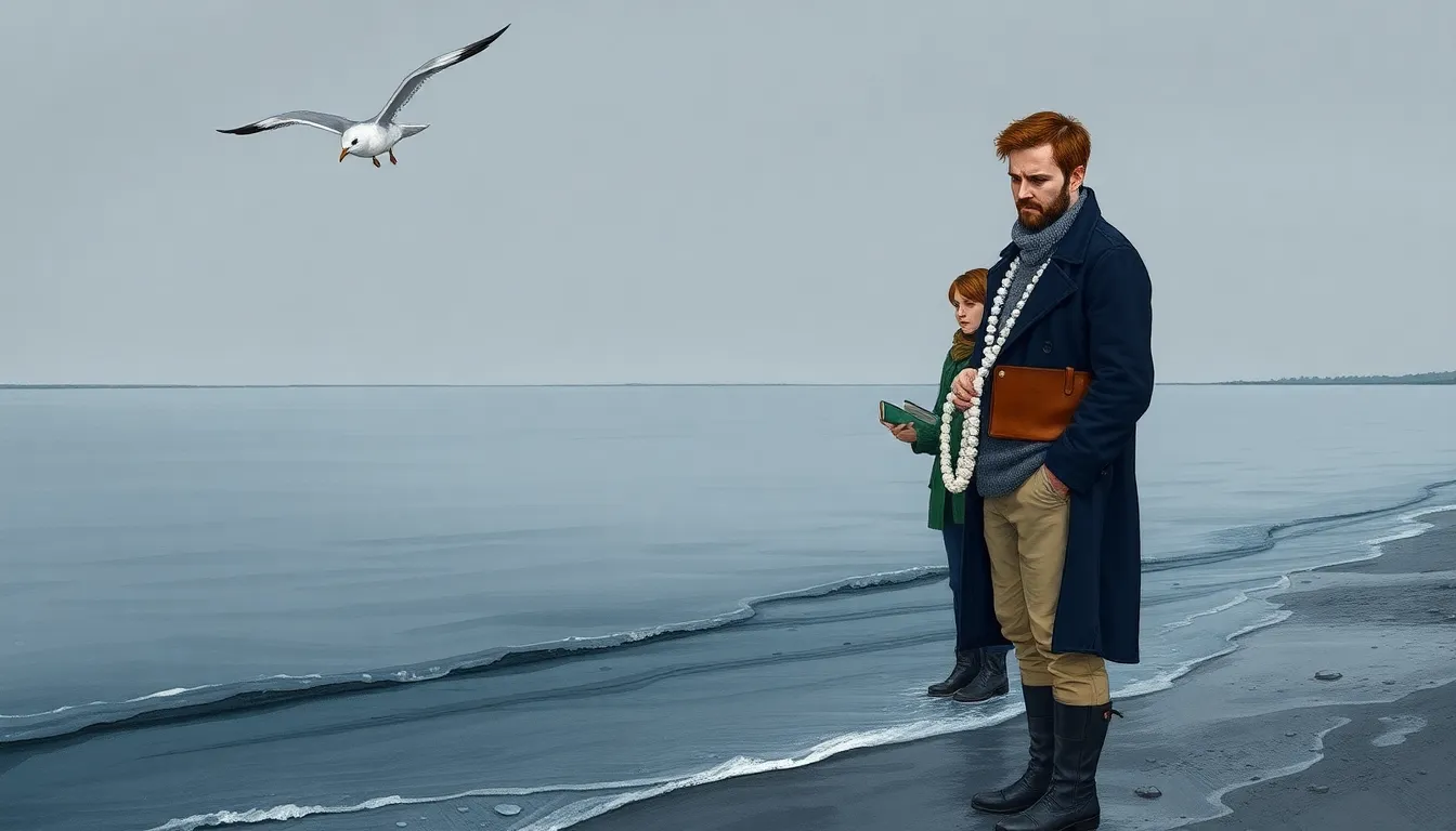 Mathieu au bord de la mer tenant les perles, crépuscule indigo