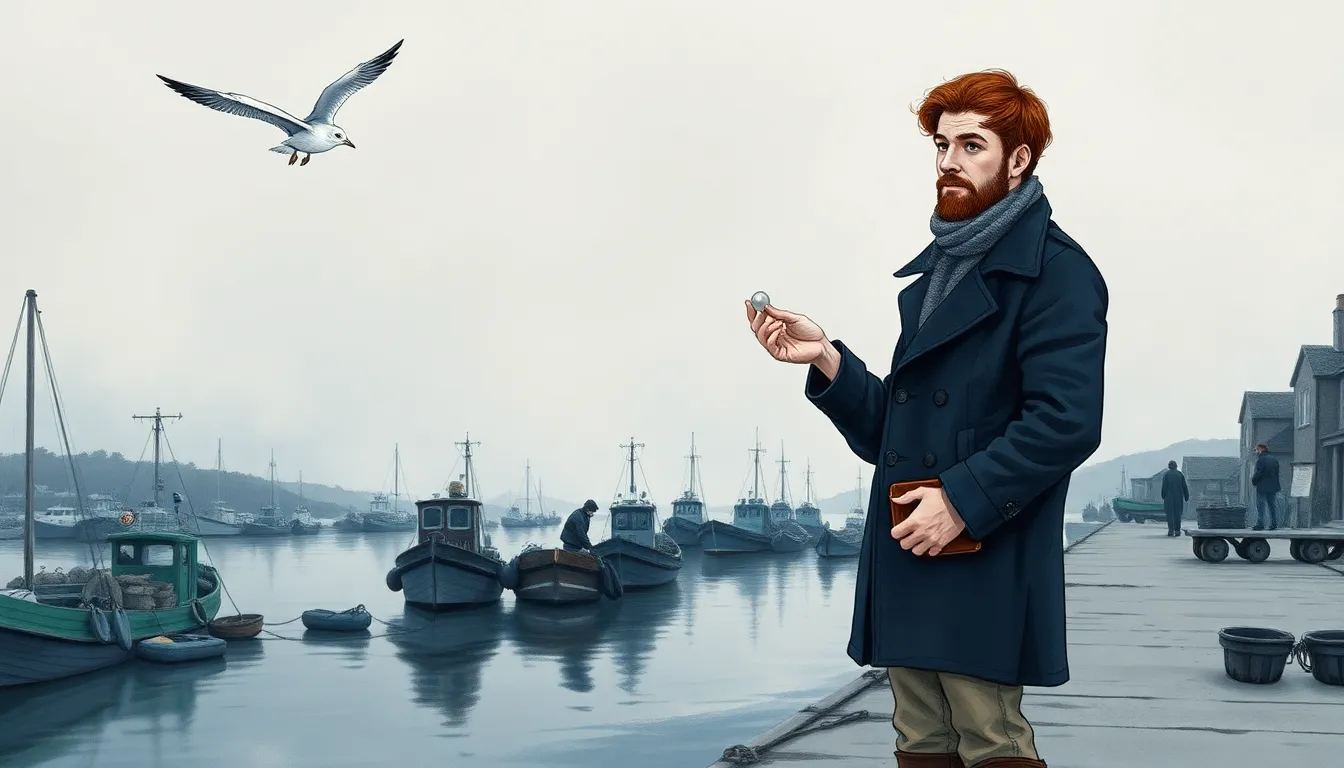 Illustration du port restauré au petit matin, Mathieu tenant une perle face à la mer